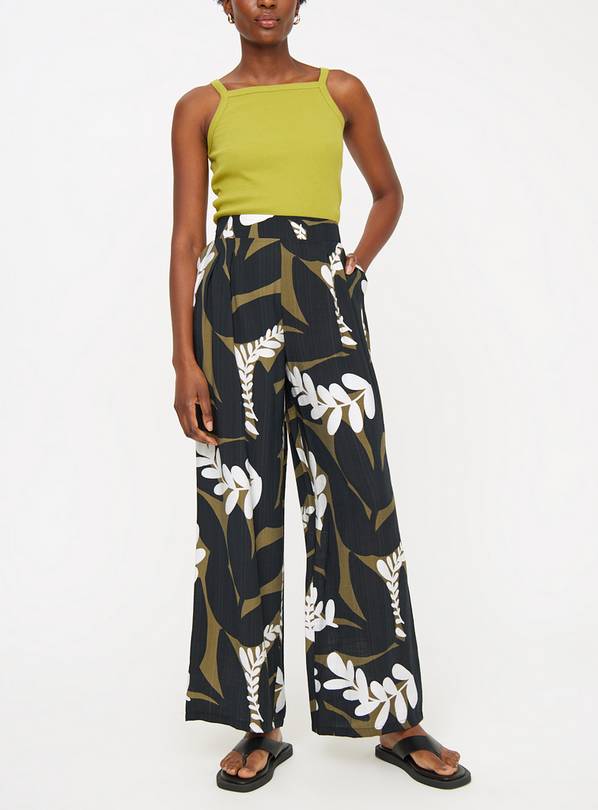 Abstract Leaf Print Wide Leg Trousers  16